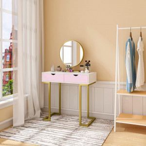 SEA372 - Set Masa toaleta, 80 cm, cosmetica machiaj, oglinda, masuta vanity - Alb-Auriu-Roz