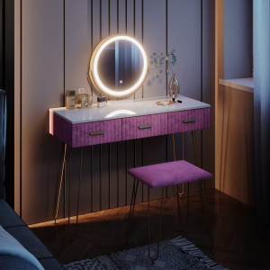 SEA396 - Set Masa toaleta, 100 cm, cosmetica machiaj, oglinda cu LED, masuta vanity, scaun tapitat - Alb-Auriu-Roz
