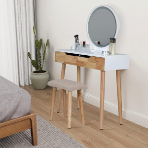 SEA432 - Set Masa toaleta, 80 cm, cosmetica machiaj, oglinda cu LED, masuta vanity, scaun tapitat - Alb - Maro - Img 2
