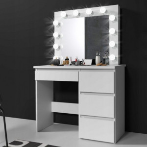 SEA505 - Set Masa toaleta cosmetica machiaj oglinda masuta vanity, oglinda cu LED-uri cu sau fara priza, cu sau fara scaun - Alb