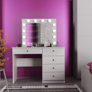 SEA534 - Set Masa toaleta, 110 cm, cu manere tip Cristal, masuta cosmetica machiaj, vanity cu sau fara scaun, oglinda cu LED-uri - Alb