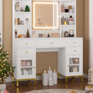 SEA827 - Set Masa toaleta 110 cm, cu Priza si USB, 5 Sertare, rafturi, Oglinda cu LED, Organizator Bijuterii, masuta vanity, make-up - Alb - Auriu - Img 1