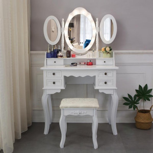 SEA85 - Set Masa toaleta, 85 cm, cosmetica, masa machiaj cu oglinda LED si scaun, masuta vanity - Alb