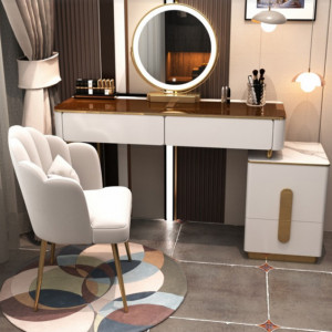 SEA89 - Set Masa toaleta, 100 cm, cosmetica, masa machiaj cu oglinda LED si scaun, masuta vanity - Alb-Auriu