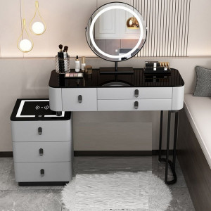 SEG9 - Set Masa toaleta, 80 cm, cosmetica, masa machiaj cu oglinda LED si scaun, masuta vanity - Gri-Negru