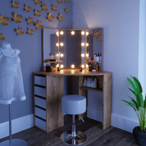 SEM216 - Set Masa toaleta cosmetica machiaj, cu oglinda make-up cu sau fara LED-uri, masuta vanity - Maro pe colt