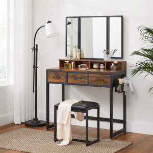 SEM222 - Set Masa toaleta, 90 cm, cosmetica machiaj cu oglinda tripla, masuta vanity - Maro stil industrial