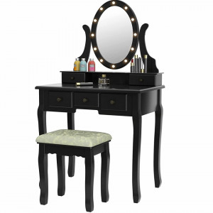 SEN19 - Set Masa toaleta, 80 cm, cosmetica machiaj, masuta vanity, oglinda cu LED-uri - Negru