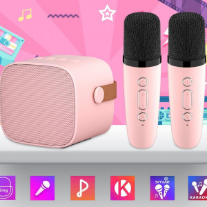 CADC3 - Set Sistem Mini Karaoke si 2 Mini Microfoane, Jucarii copii, Cadou pentru Craciun, Petreceri in familie - Roz - Img 3
