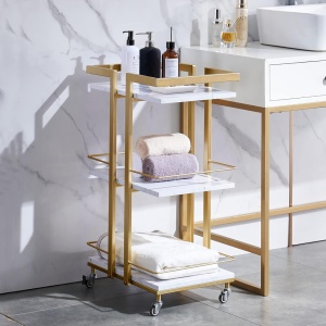 CMAU204 - Carucior 43 cm, cu Rafturi si Roti, masuta manichiura, ucenic cosmetica, masa coafor, masuta auxiliara - Auriu cu Alb sau Negru