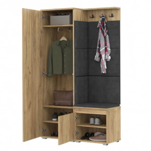 CUI514 - Cuier 104x37x177 cm - 3 agatatori haine, hol, pantofar - Stejar, tapiterie Turcoaz/Gri/Albastru - Img 3