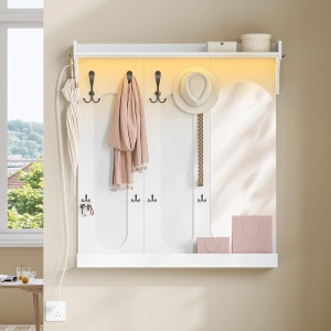 Cuier de perete alb cu LED, 92 cm, cu 10 agatatori haine, cu Oglinda si Raft - CUIA4
