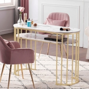 MANIAU207 - Masuta manichiura, 114 cm, masa cosmetica ovala pentru salon - Alb - Auriu - Img 12