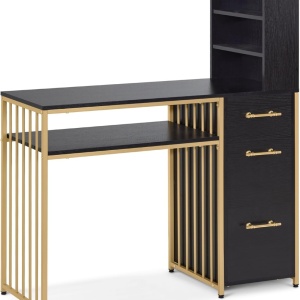 MANIAU209 - Masuta manichiura, 108 cm, birou cu 3 sertare si rafturi, masa cosmetica pentru salon - Alb / Negru - Auriu - Img 3