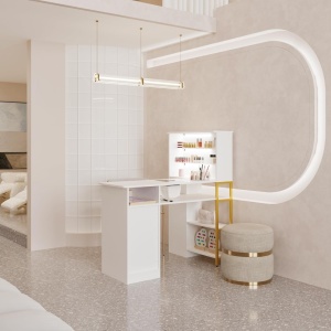 MANIAU211 - Masuta manichiura, 120 cm, birou, masa cosmetica pentru salon cu Aspirator Incorporat, Priza, LED, Sertare si Rafturi - Alb - Auriu - Img 6