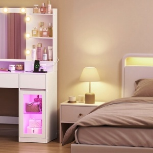 Masuta de machiaj 107 cm, cu Oglinda LED si 3 Sertare pentru Cosmetice, Set Masa toaleta Alba, masuta cosmetica, vanity cu dulapiore si rafturi - SEA21 - Img 3