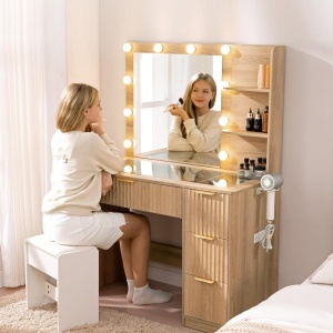 Masuta machiaj 92 cm, Alba sau Maro cu Oglinda LED si 4 Sertare pentru Cosmetice, Set Masa toaleta cu 2 Prize, USB si USB-C, masuta cosmetica, vanity cu Riflaj si Rafturi - SEM26 - Img 10