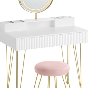 Masuta machiaj alba cu Oglinda LED si 2 Sertare pentru Cosmetice, Set Masa toaleta 80 cm sau 100 cm, masuta cosmetica cu Riflaj, vanity - SEA801 - Img 3