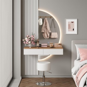 Masuta machiaj alba cu Oglinda LED si 2 Sertare pentru Cosmetice, Set Masa toaleta 100 cm, masuta cosmetica cu Riflaj, vanity - SEA831
