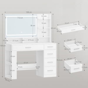 Masuta machiaj cu Oglinda HD LED si 5 Sertare pentru Cosmetice, Set Masa toaleta 108 cm, Alb, masuta cosmetica, vanity - SEA13 - Img 5
