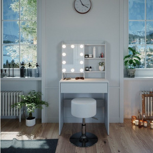Masuta machiaj cu Oglinda LED si 1 Sertar pentru Cosmetice, Set Masa toaleta 70 cm, Alb, masuta cosmetica, vanity - SEA386