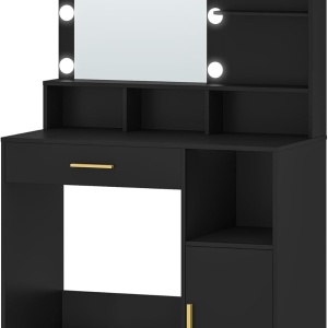 Masuta machiaj cu Oglinda LED si 1 Sertar pentru Cosmetice, Set Masa toaleta 80 cm, Alb / Negru / Gri, masuta cosmetica, vanity - SEG19 - Img 6