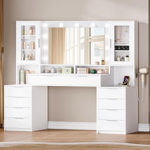 Masuta machiaj cu Oglinda LED si 10 Sertare pentru Cosmetice, Set Masa toaleta 150 cm, Alb, masuta cosmetica cu Priza si USB, vanity cu Suport Uscator de Par si Dulapior Bijuterii - SEA10