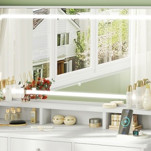 Masuta machiaj cu Oglinda LED si 11 Sertare pentru Cosmetice, Set Masa toaleta 110 cm, Alb, masuta cosmetica, vanity - SEA909 - Img 2
