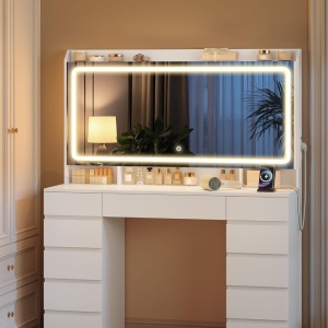 Masuta machiaj cu Oglinda LED si 11 Sertare pentru Cosmetice, Set Masa toaleta 108 cm, Alb, masuta cosmetica, vanity cu Priza si USB - SEA12 - Img 7
