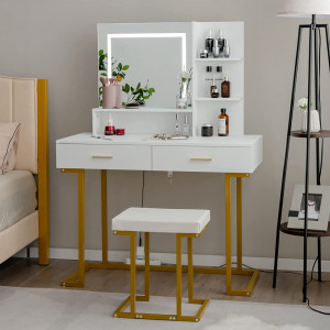 Masuta machiaj cu Oglinda LED si 2 Sertare pentru Cosmetice, Set Masa toaleta 100 cm, Alb, masuta cosmetica, vanity - SEA397 - Img 3