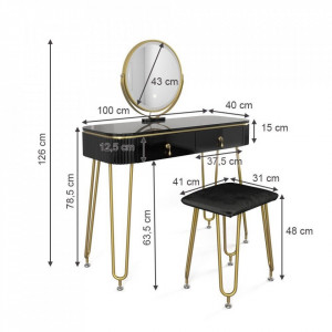 Masuta machiaj cu Oglinda LED si 2 Sertare pentru Cosmetice, Set Masa toaleta 100 cm, Negru, masuta cosmetica, vanity - SEN237 - Img 2
