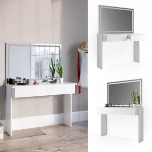 Masuta machiaj cu Oglinda LED si 2 Sertare pentru Cosmetice, Set Masa toaleta 120 cm, Alb Lucios, masuta cosmetica, vanity - SEA411 - Img 3