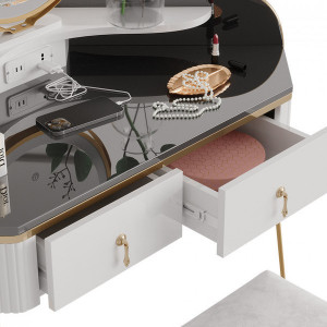 Masuta machiaj cu Oglinda LED si 2 Sertare pentru Cosmetice, Set Masa toaleta 99 cm, Alb, masuta cosmetica, vanity - SEA903 - Img 3