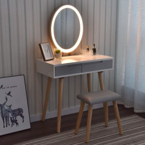 Masuta machiaj cu Oglinda LED si 2 Sertare pentru Cosmetice, Set Masa toaleta 80 cm, Alb, masuta cosmetica, vanity - SEA430