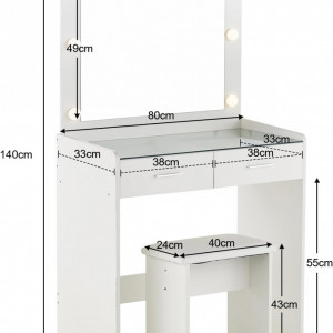 Masuta machiaj cu Oglinda LED si 2 Sertare pentru Cosmetice, Set Masa toaleta 80 cm, Alb, masuta cosmetica, vanity - SEA905 - Img 5