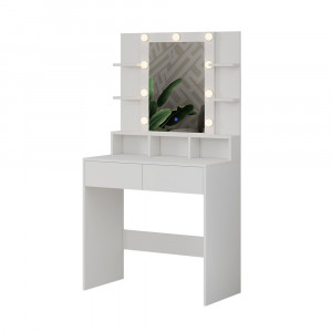 Masuta machiaj cu Oglinda LED si 2 Sertare pentru Cosmetice, Set Masa toaleta 80 cm, Alb, masuta cosmetica, vanity - SEA451 - Img 2