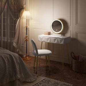 Masuta machiaj cu Oglinda LED si 2 Sertare pentru Cosmetice, Set Masa toaleta 80 cm, Alb, masuta cosmetica, vanity - SEA461