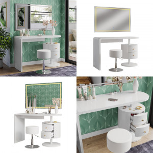 Masuta machiaj cu Oglinda LED si 2 Sertare pentru Cosmetice, Set Masa toaleta 120 cm, Alb Lucios, masuta cosmetica, vanity - SEA462 - Img 2