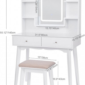 Masuta machiaj cu Oglinda LED si 2 Sertare pentru Cosmetice, Set Masa toaleta 80 cm, Alb, masuta cosmetica, vanity - SEA96 - Img 2