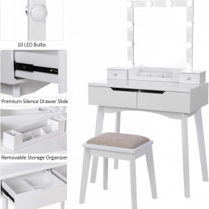 Masuta machiaj cu Oglinda LED si 2 Sertare pentru Cosmetice, Set Masa toaleta 80 cm, Alb, masuta cosmetica, vanity - SEA97 - Img 4
