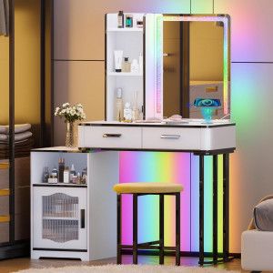 Masuta machiaj cu Oglinda LED si 2 Sertare pentru Cosmetice, Set Masa toaleta 80 cm, Alb, masuta cosmetica, vanity - SEA472
