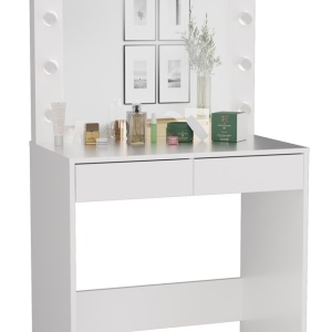 Masuta machiaj cu Oglinda LED si 2 Sertare pentru Cosmetice, Set Masa toaleta 80 cm, Alb, masuta cosmetica, vanity - SEA553 - Img 2
