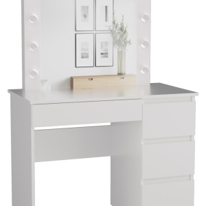 Masuta machiaj cu Oglinda LED si 2 Sertare pentru Cosmetice, Set Masa toaleta 98 cm, Alb, masuta cosmetica, vanity - SEA554 - Img 7