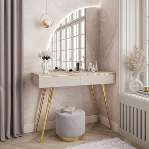 Masuta machiaj cu Oglinda LED si 2 Sertare pentru Cosmetice, Set Masa toaleta 102 cm, masuta cosmetica, vanity - SEC211