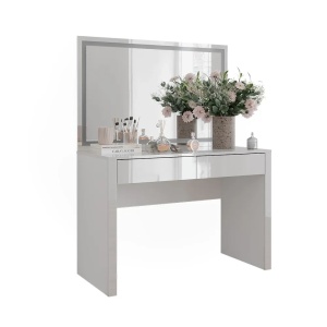 Masuta machiaj cu Oglinda LED si 2 Sertare pentru Cosmetice, Set Masa toaleta 110 cm, Alb Lucios, masuta cosmetica, vanity - SEA813 - Img 8