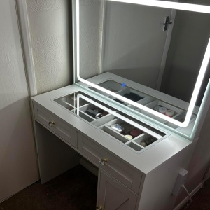 Masuta machiaj cu Oglinda LED si 2 Sertare pentru Cosmetice, Set Masa toaleta 90 cm, Alb, masuta cosmetica, vanity - SEA498 - Img 4
