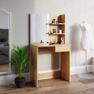 Masuta machiaj cu Oglinda LED si 2 Sertare pentru Cosmetice, Set Masa toaleta 75 cm, Maro, masuta cosmetica, vanity - SEM217 - Img 4