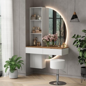 Masuta machiaj cu Oglinda LED si 2 Sertare pentru Cosmetice, Set Masa toaleta 100 cm, Alb, masuta cosmetica, vanity - SEA832 - Img 2