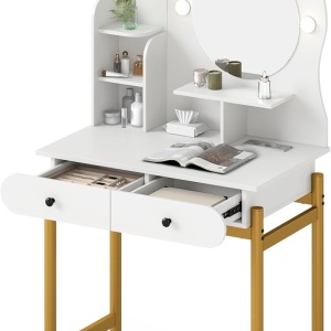 Masuta machiaj cu Oglinda LED si 2 Sertare pentru Cosmetice, Set Masa toaleta 80 cm, Alb / Maro, masuta cosmetica, vanity - SEA834 - Img 5