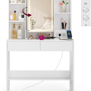 Masuta machiaj cu Oglinda LED si 2 Sertare pentru Cosmetice, Set Masa toaleta 90 cm, Alb, masuta cosmetica, vanity cu sau fara Priza, cu sau fara Scaun - SEA81 - Img 11